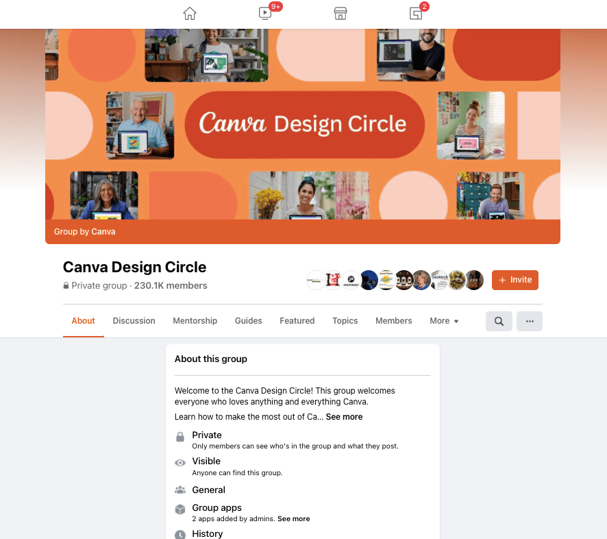 Screenshot of official Canva group from Facebook Groups.