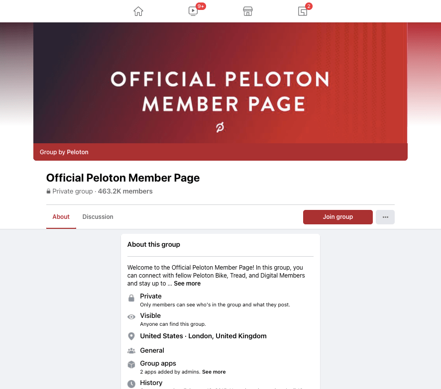 Screenshot of the official Peloton group on Facebook Groups.