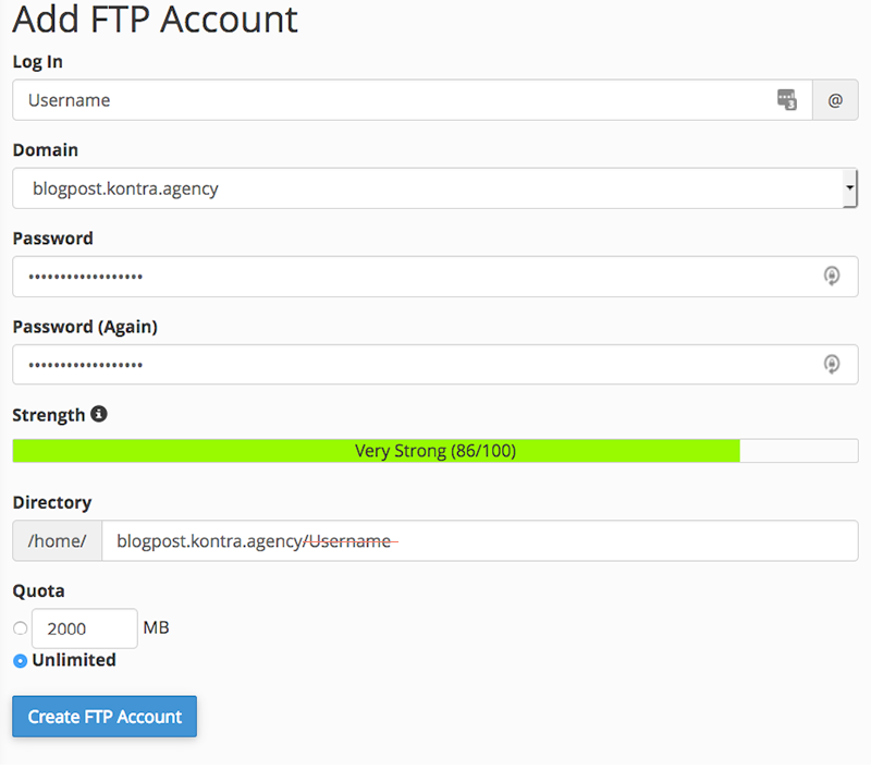 cPanel example for adding a FPT account