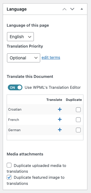 Page translation within page settings