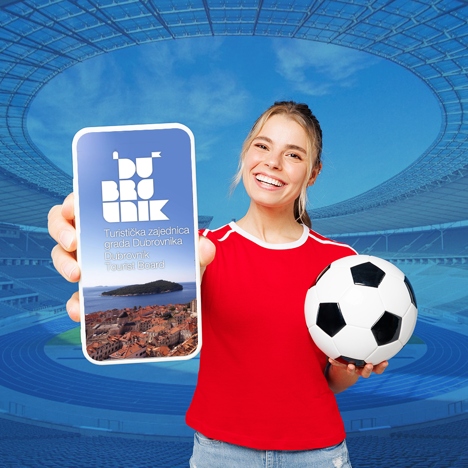 A cover image for Dubrovnik Tourist Board case study showing a young woman holding a phone and a football