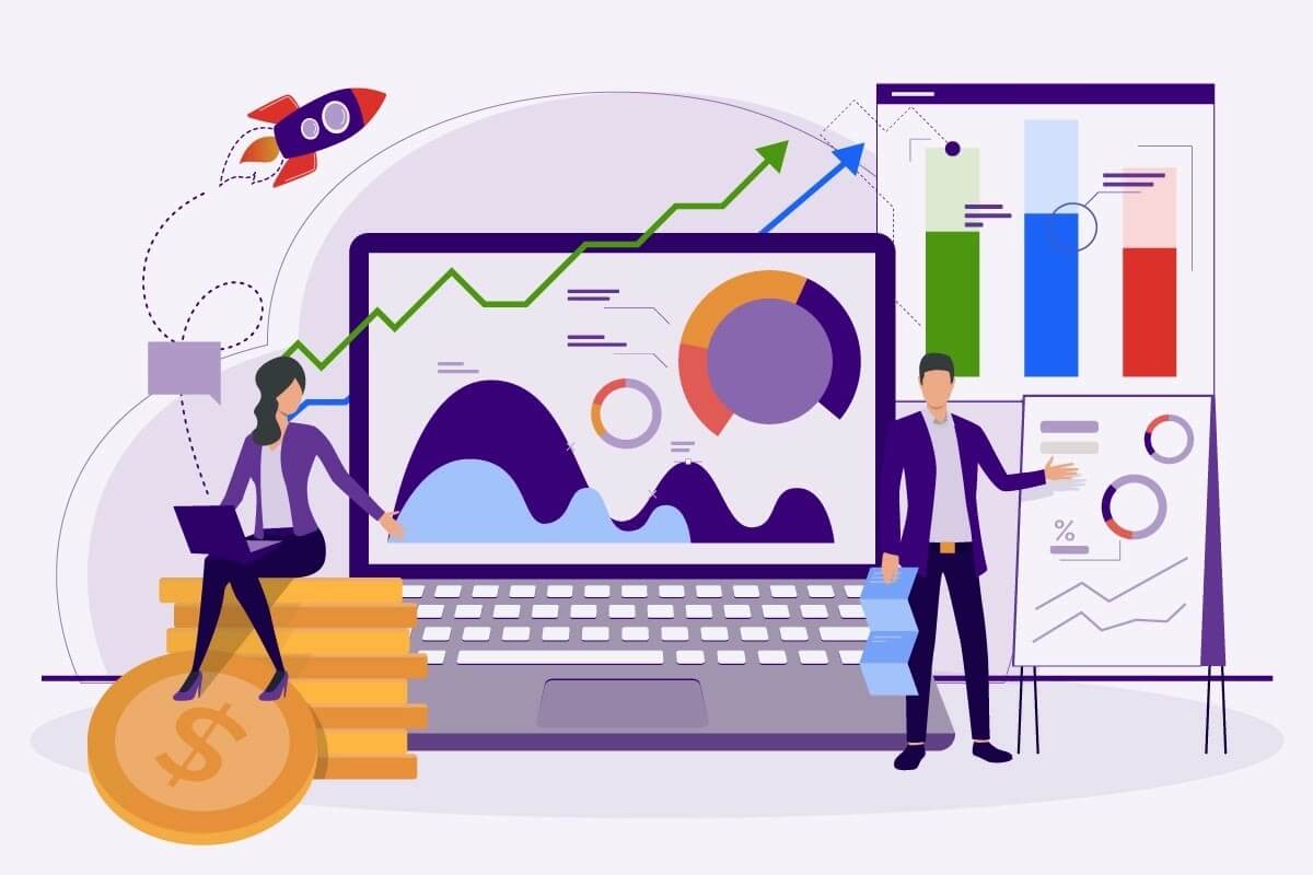 An illustration of people beside a big laptop showing projections and all sorts of graphs. The woman on the left sits on a pile of coins, and the man on the right is pointing to a flipchart with percentages and pie charts. 