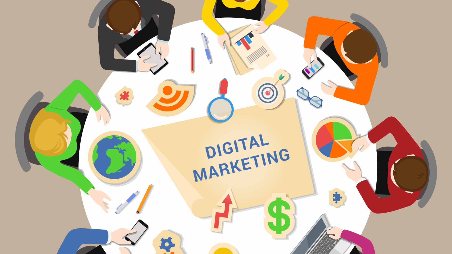 A simple yet colorful drawing of people at a table discussing digital marketing. The picture is full of symbols such as upwards arrow, dollar sign, target, pie charts, the globe. cogs, etc. 