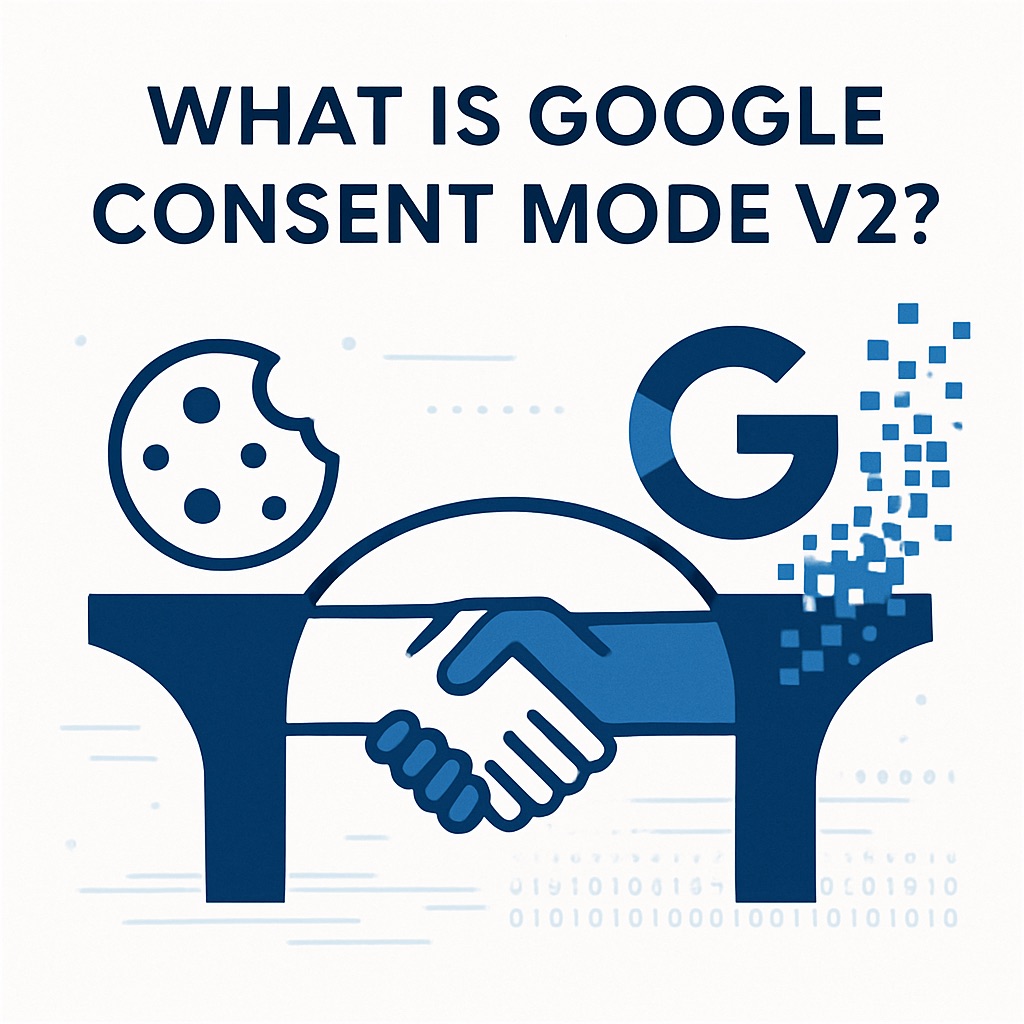 at top of image is text "What is Google consent mode v2?" under text is two hands, one is from cookies, second is from google