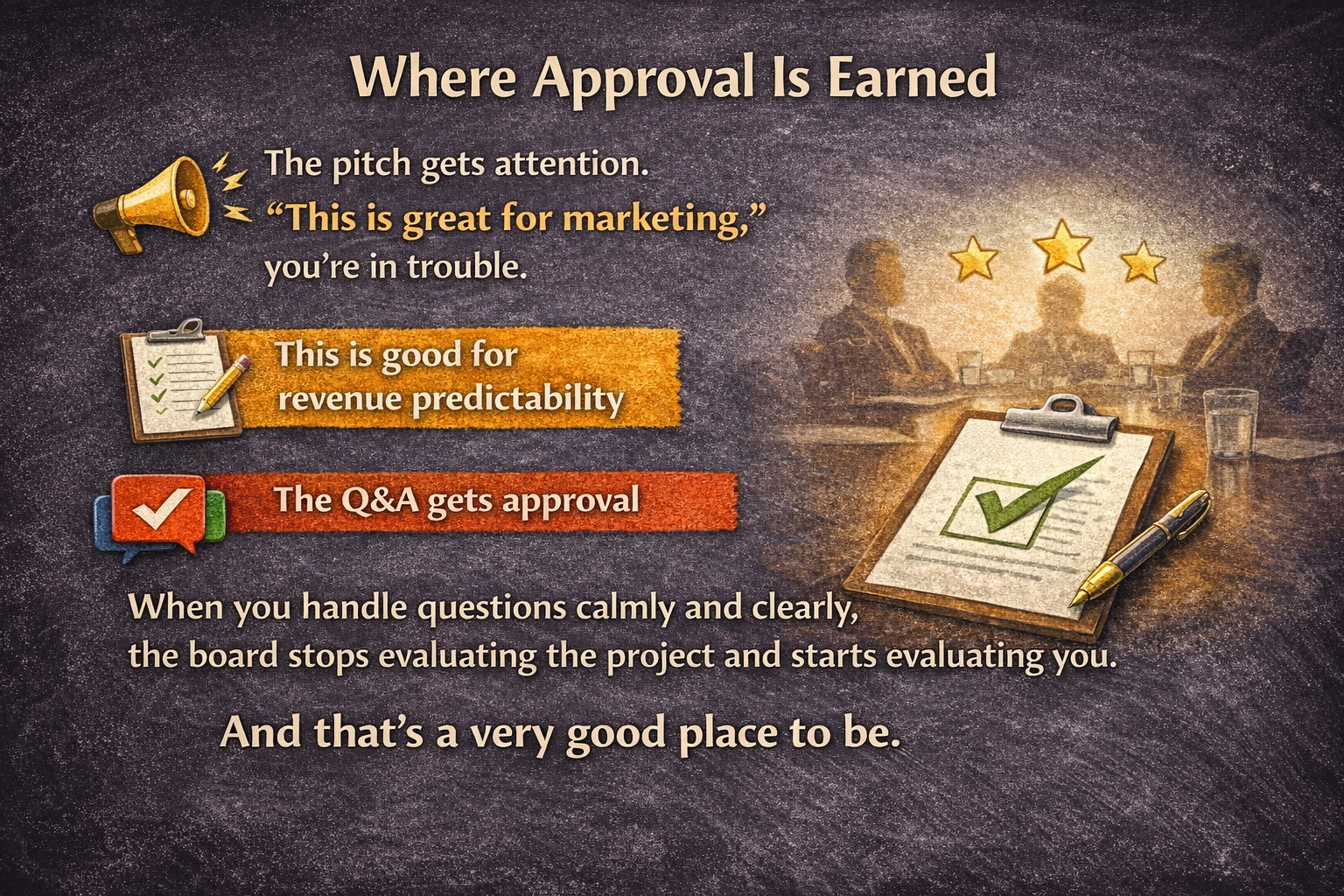 A graphic showing a person recieving approval for marketing investment at a board meeting