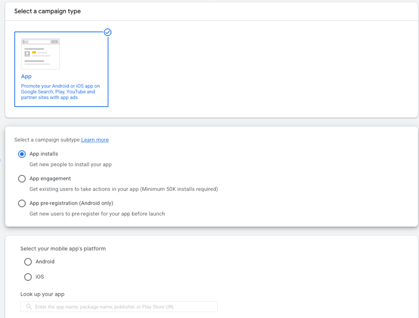 Google Ads dashboard displaying app install campaign setup for mobile app promotion strategy.