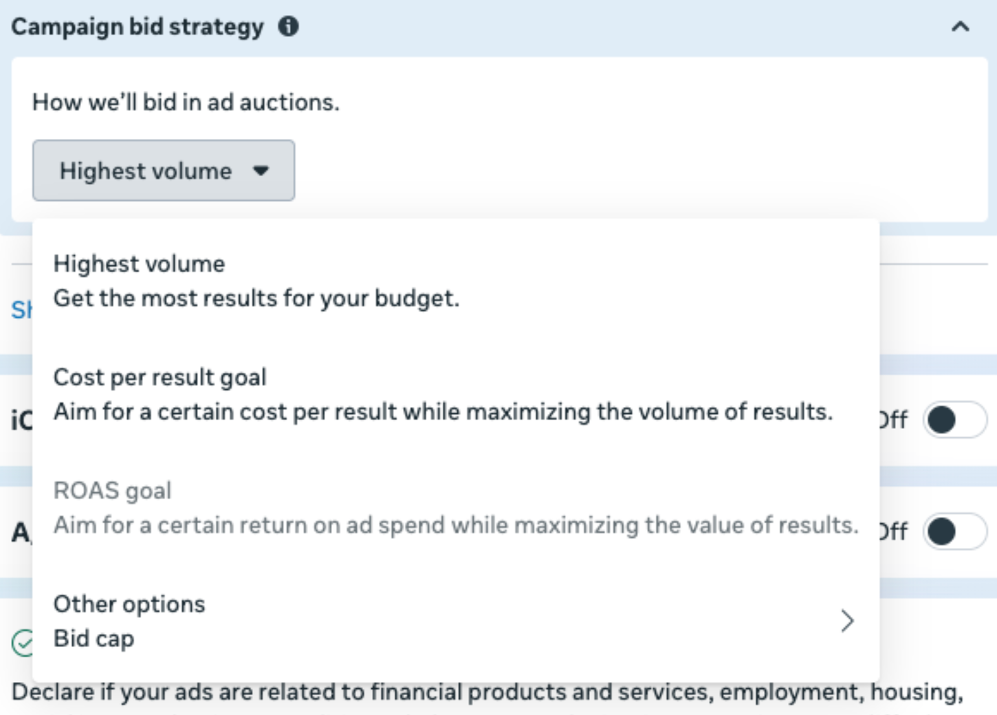Meta Ads Manager interface showing campaign bid strategy options for mobile app promotion campaigns.