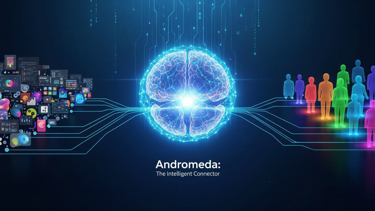A futuristic digital illustration of a glowing brain connected by circuit lines to various app icons on one side and colorful human figures on the other, with the text “Andromeda: The Intelligent Connector” below.