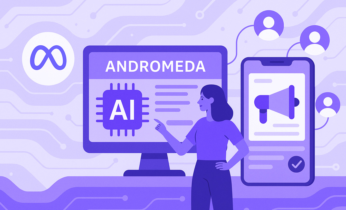A purple-toned illustration of a woman standing next to a computer screen displaying “ANDROMEDA” and an AI chip icon, with a smartphone showing a megaphone, Meta logo, and connected user icons in the background.
