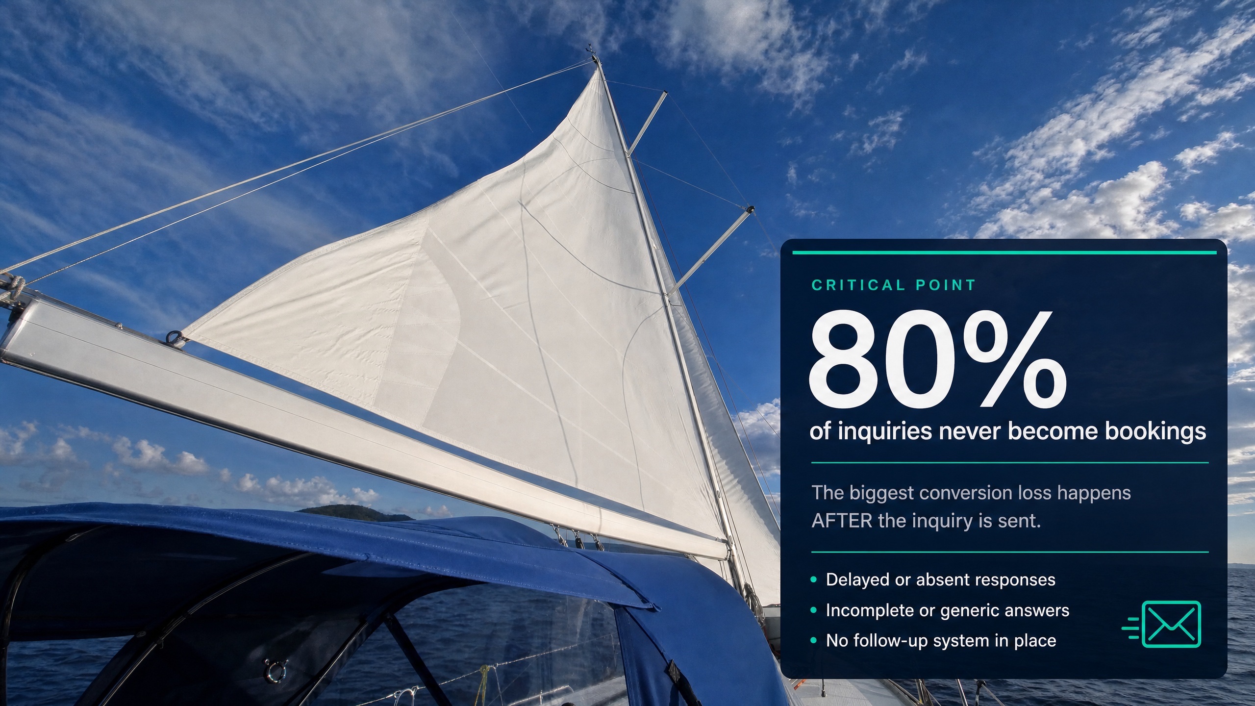 Charter companies lose up to 80% of reservations after the inquiry due to delays, absent responses, or incomplete answers.