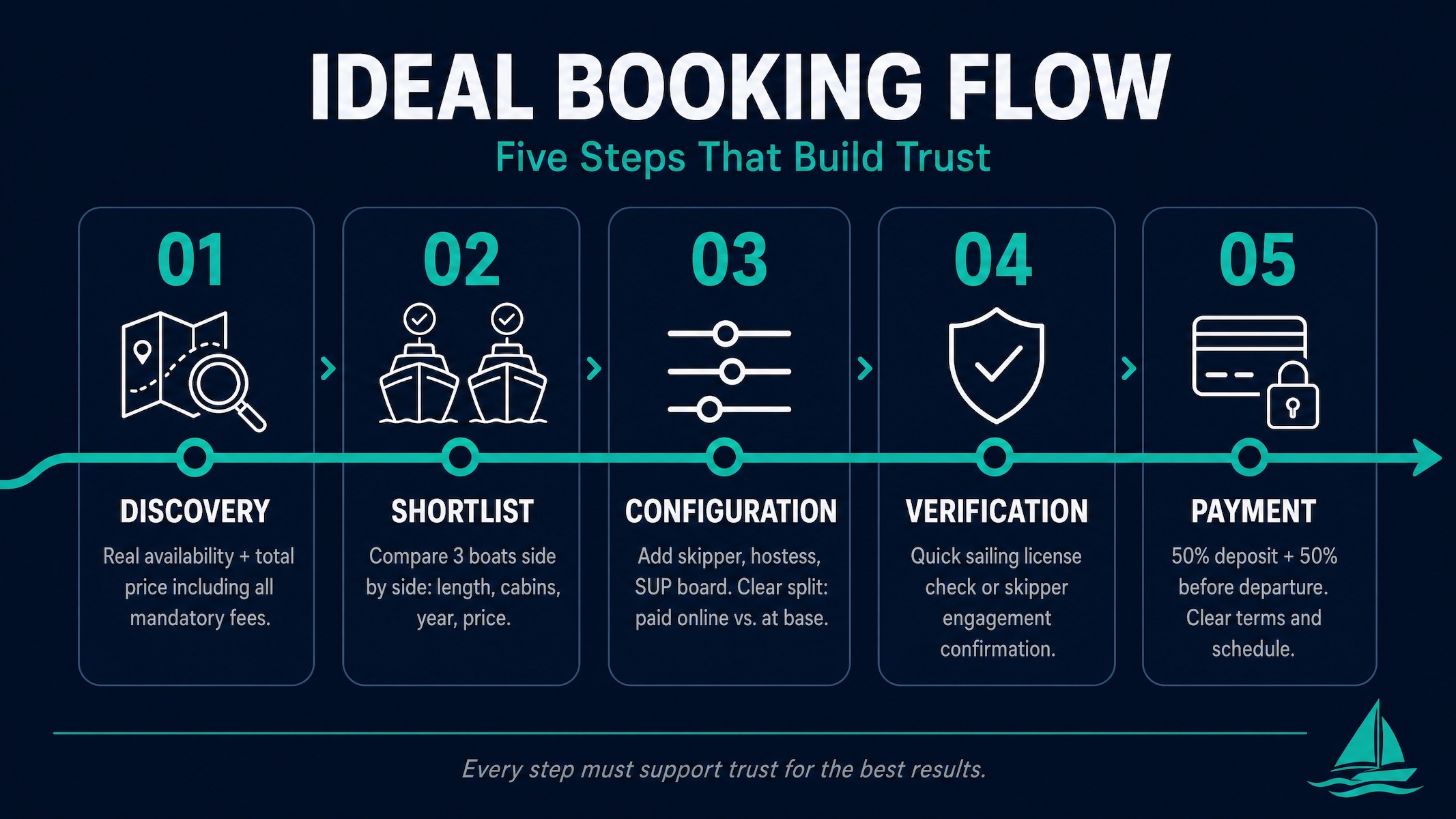 Infographic showing the 5 steps of an ideal booking flow on a charter website.