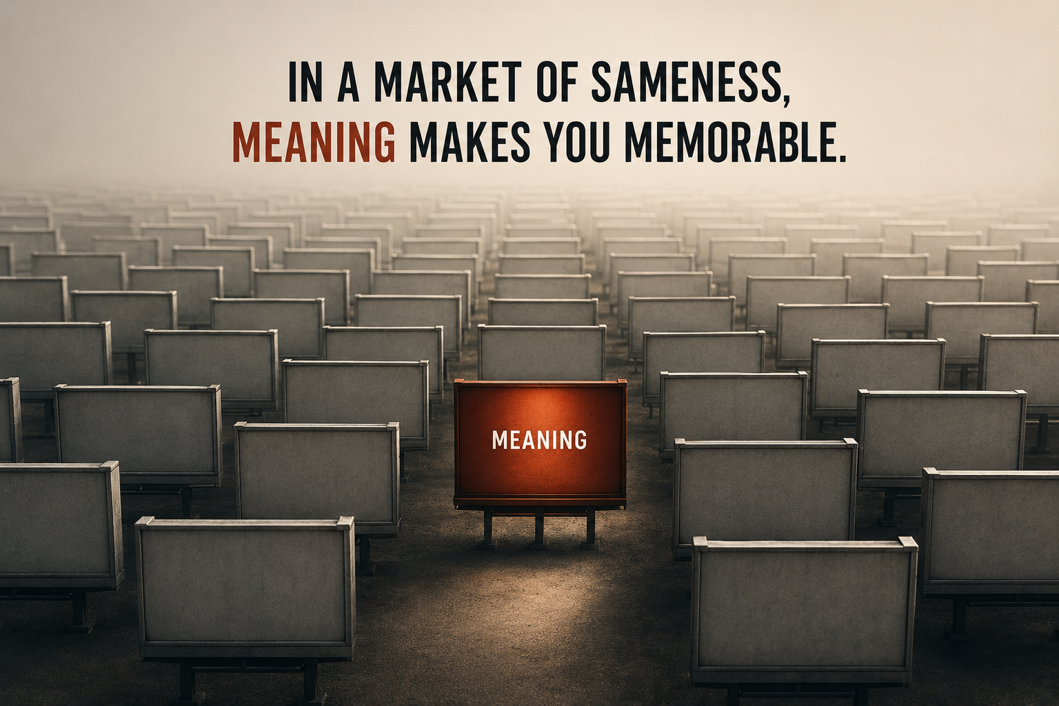 A bunch of small walls/screens and the main one with 'meaning' written over it.