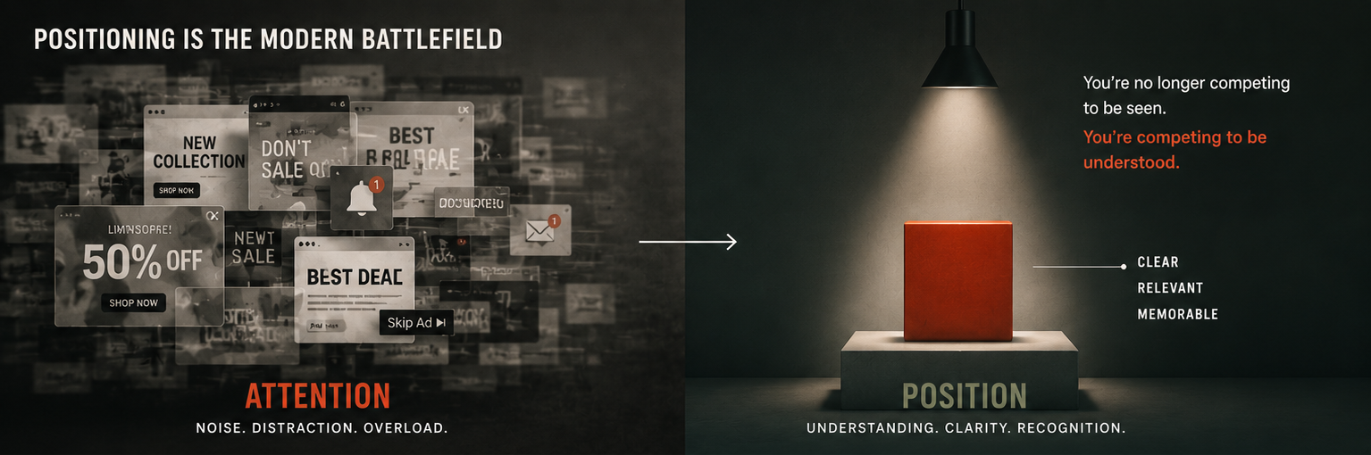 Ads/billboards on one side that represent attention and clarity in the right in the form of a red cube which is positioning
