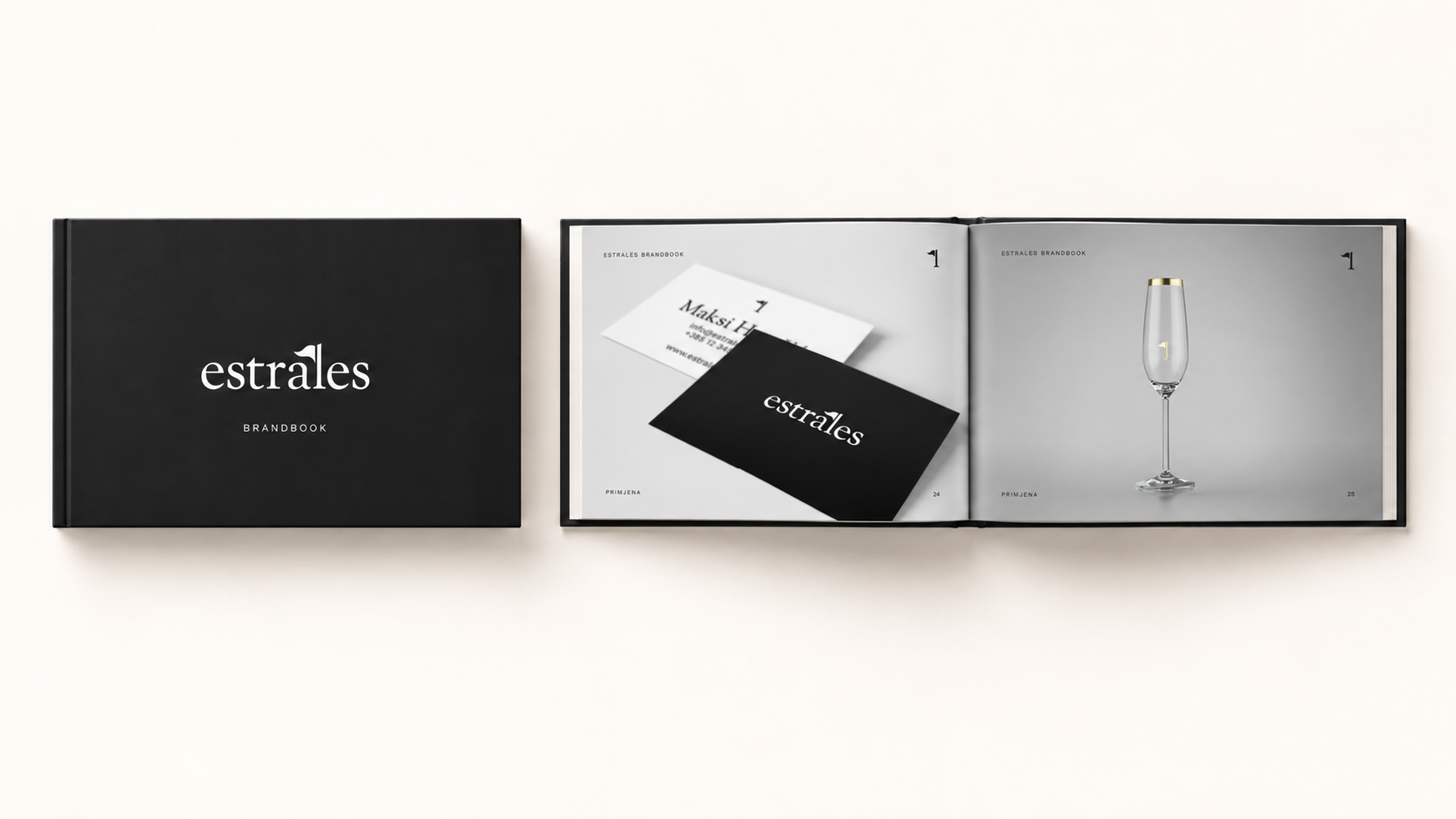 Estrales brandbook mockup showing the hardcover cover and an open spread with branded application examples.