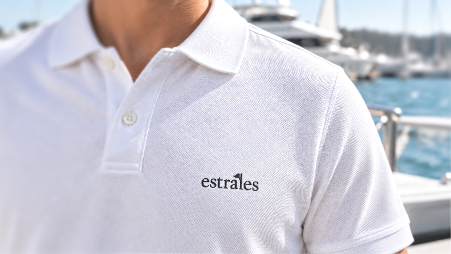 White yacht crew polo shirt featuring the embroidered Estrales logo.
