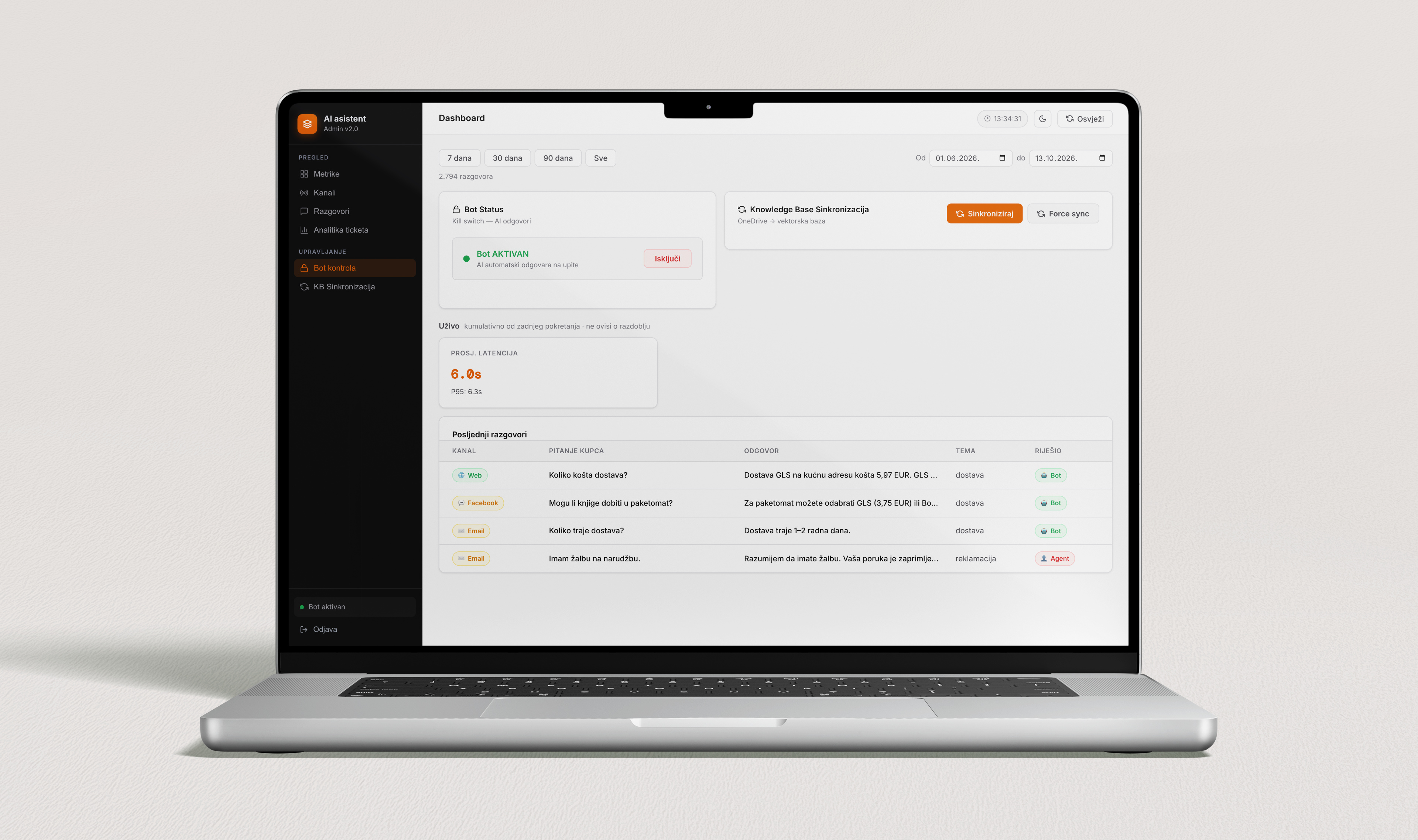 Laptop showing the admin panel of the AI customer support agent with the on/off switch, knowledge base sync, average response time and recent conversations