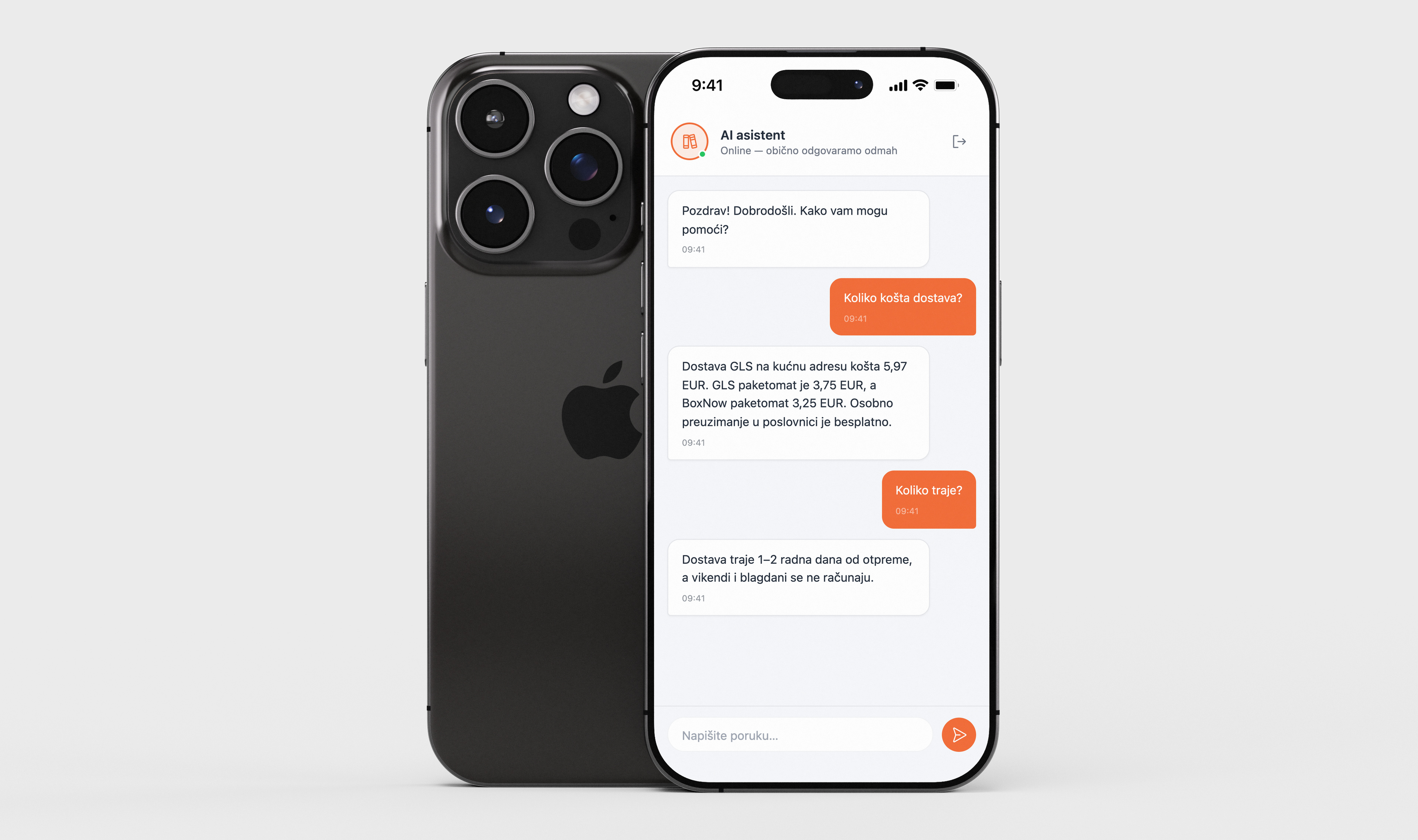 Phone showing the website chat, where the AI customer support agent tells a customer how much delivery costs and how long it takes