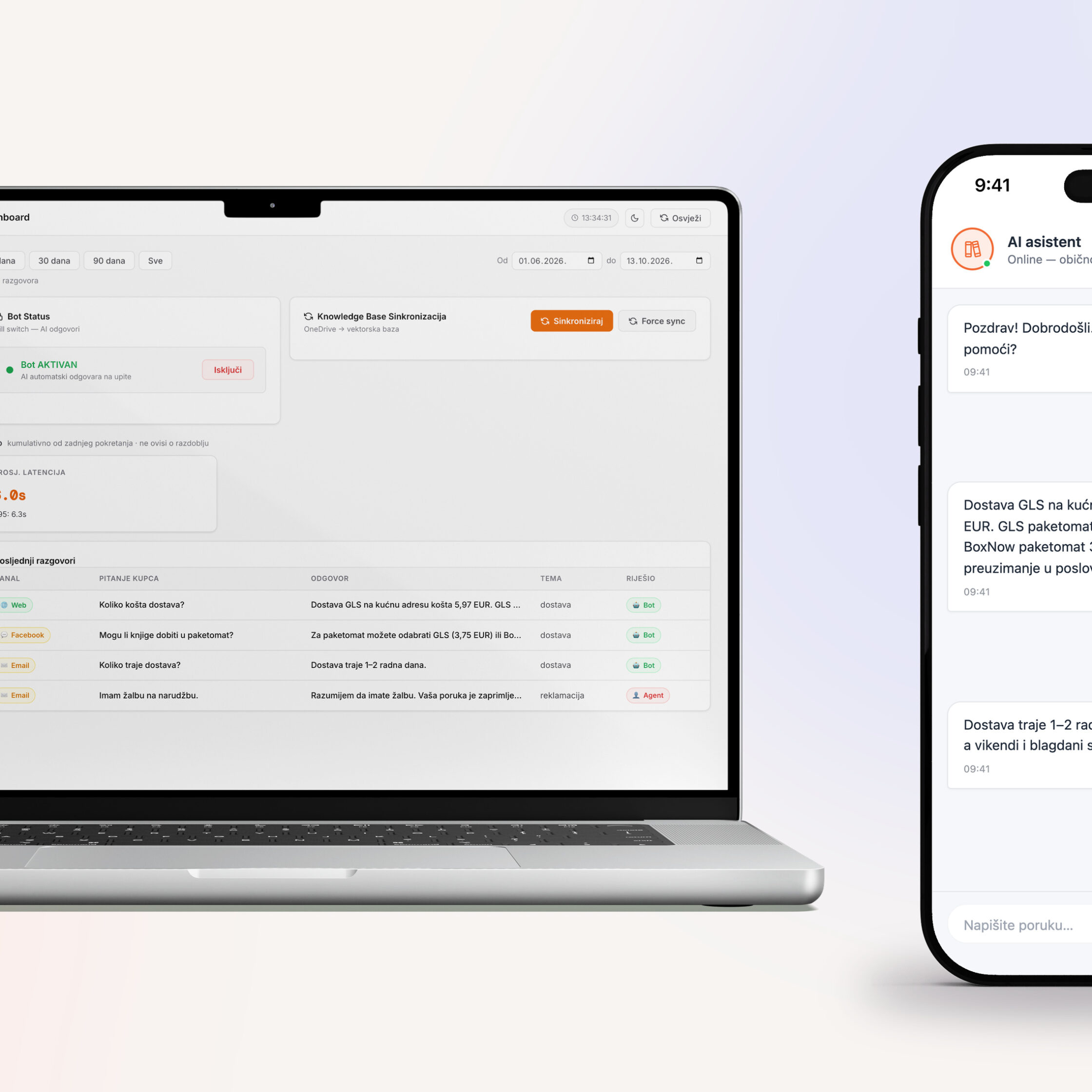 Laptop with the admin panel and a phone with the website chat of the AI customer support agent built for an online bookstore